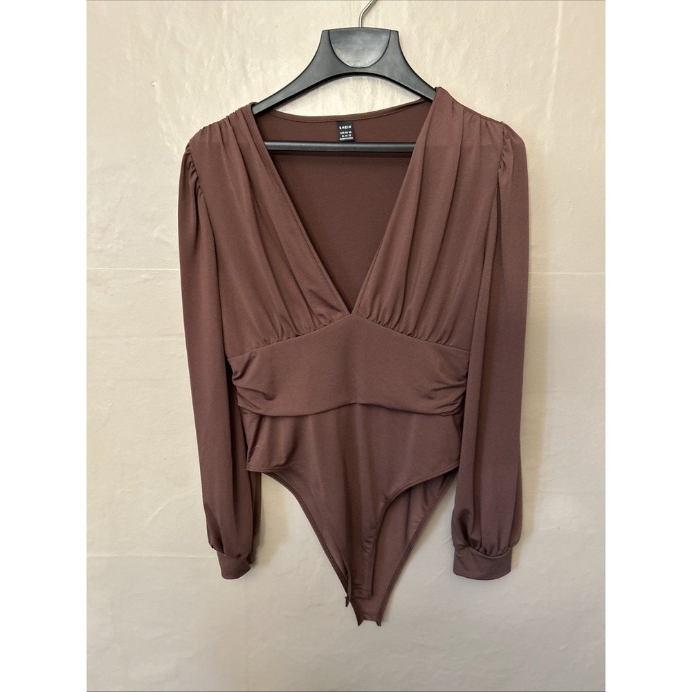 SHEIN XL Basic Brown Deep Plunge V Neck Bodysuit Top‎